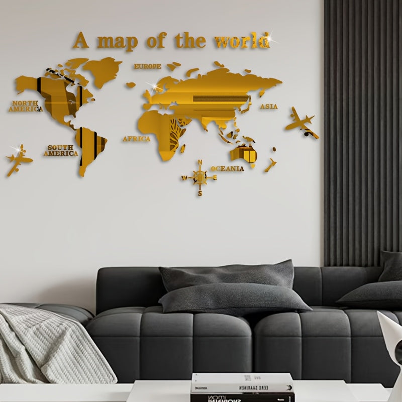 Bohemian Acrylic Wall Decor Map of the World with Airplane and Compass Rose 1mm Thick Adhesive Backing for Classroom Office Bedroom Living Room