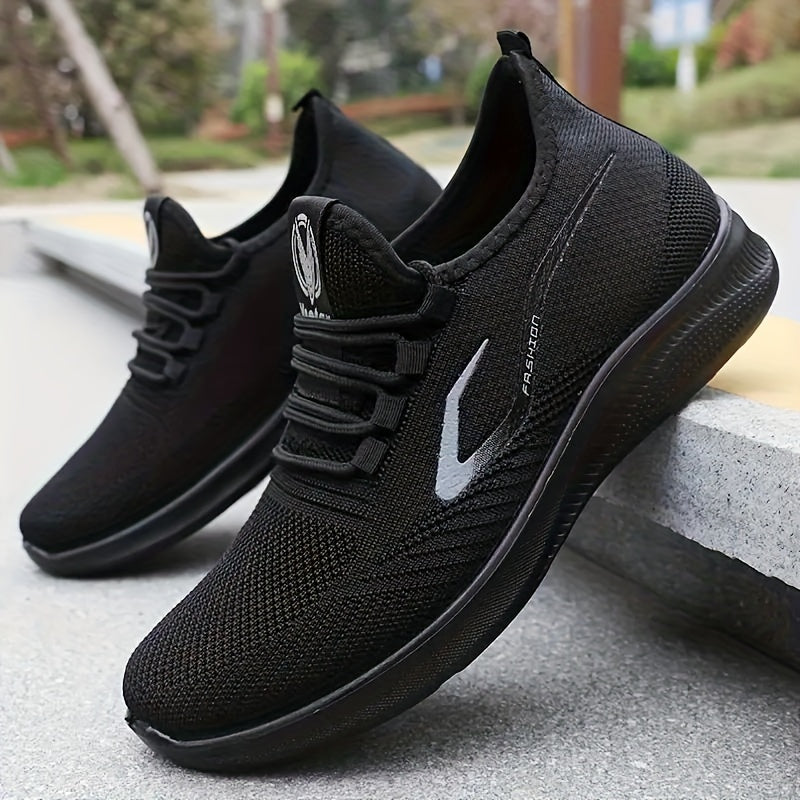 Men's Black Athletic Sneakers with White Accents Breathable Mesh Low Top Casual Gym