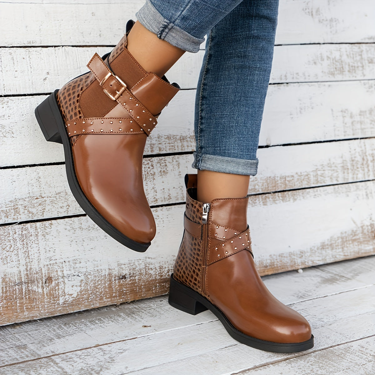 Women's Faux Leather Chelsea Ankle Boots Brown Round Toe Zipper Mid-Heel