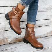 Women's Faux Leather Chelsea Ankle Boots Brown Round Toe Zipper Mid-Heel