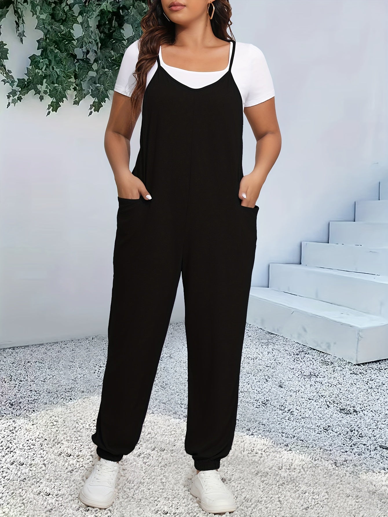Plus Size Casual V-Neck Jumpsuit with Pockets Polyester Knit Spring Summer Fall