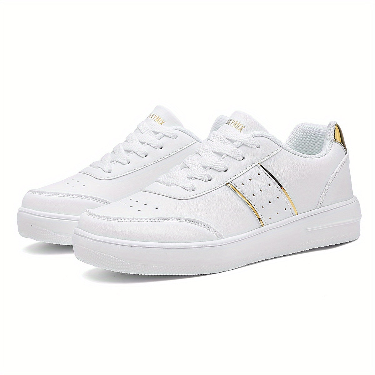 Women’s Casual Running Shoes, Low Top Sneakers, White with Gold Accents