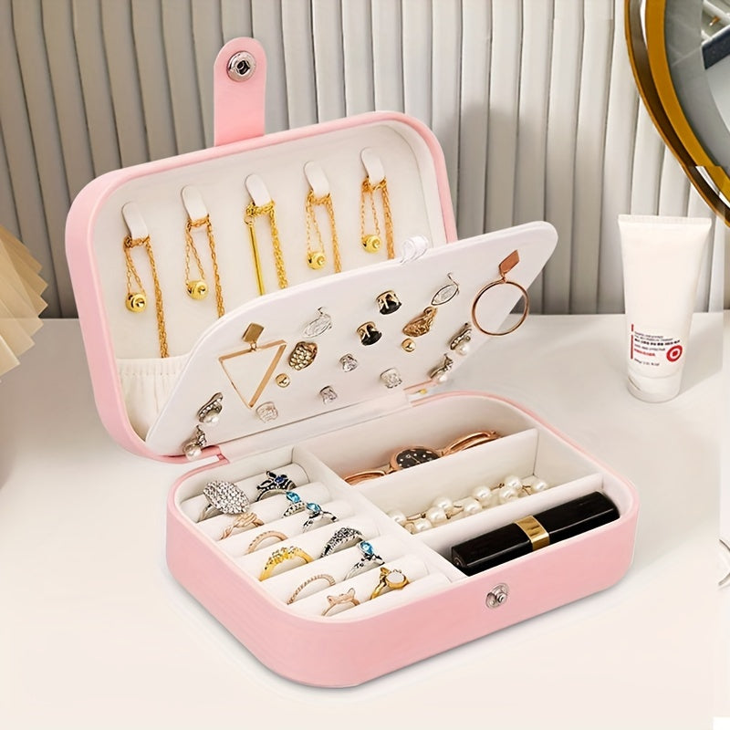 Joyero rosa para mujeres con compartimentos y espejo