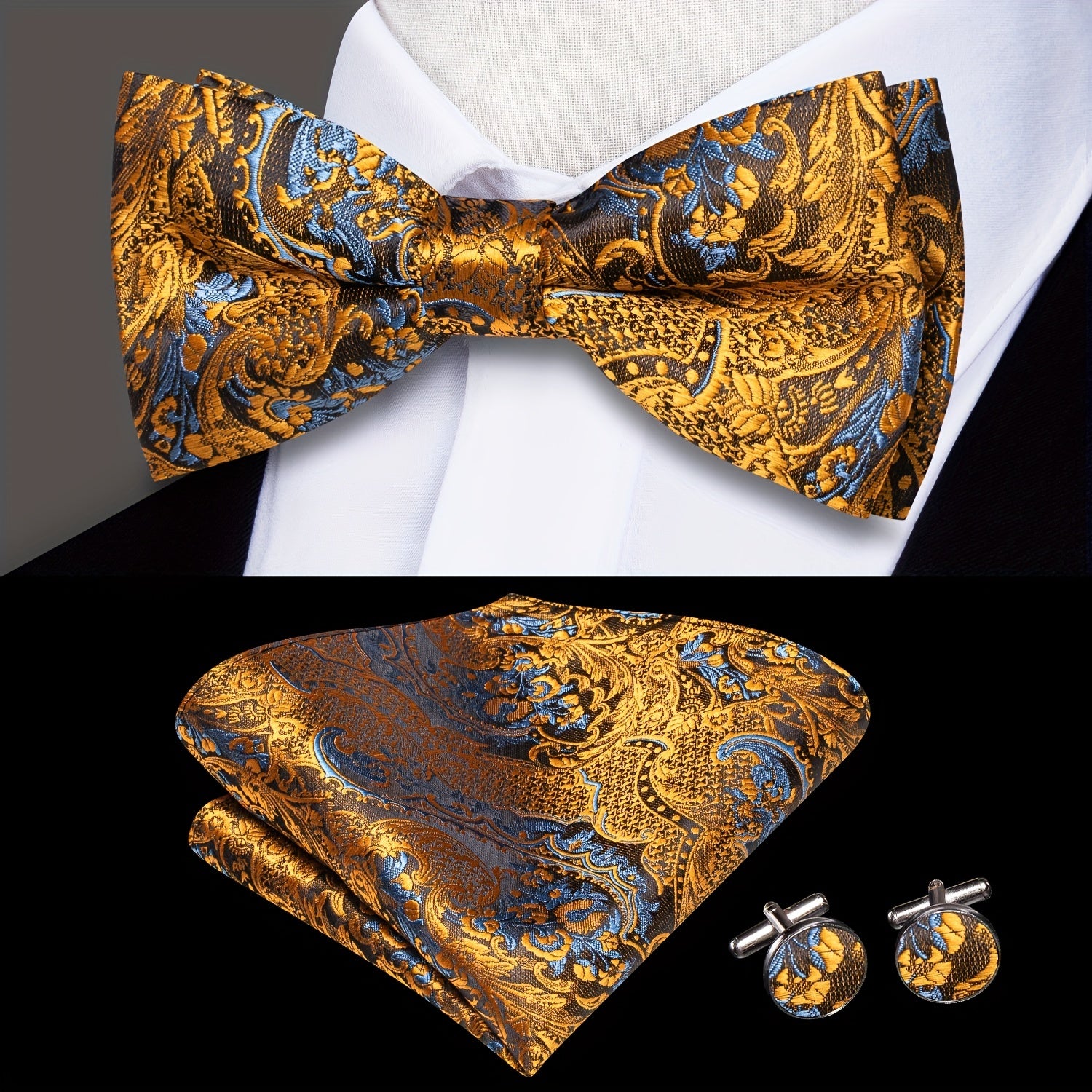 Men's Black and Gold Bow Tie Pocket Square Cufflinks Set for Weddings and Parties