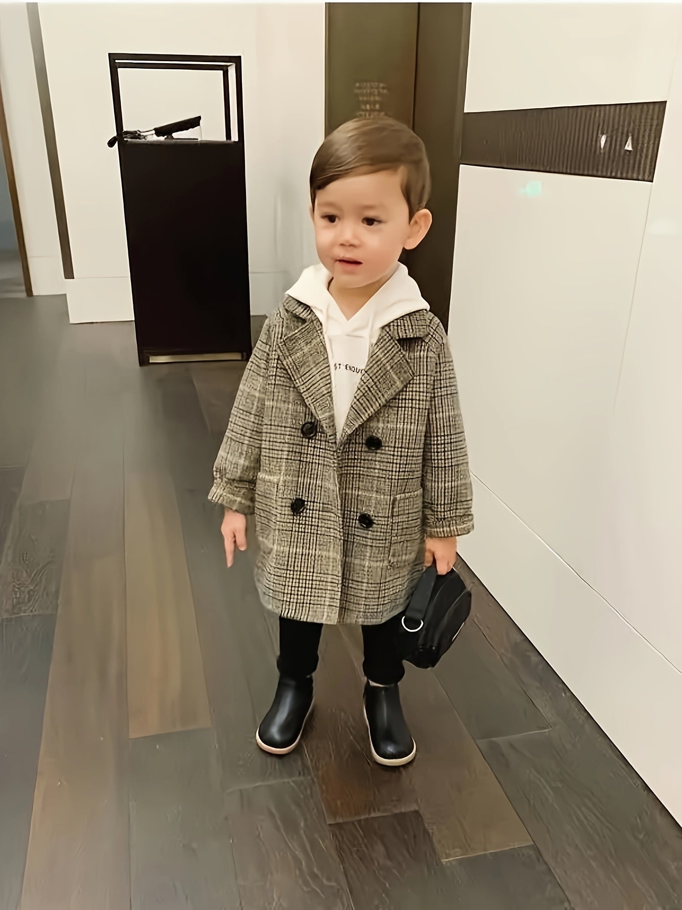 Boys Plaid Casual Mid-Length Coat for Fall Winter with Button Details