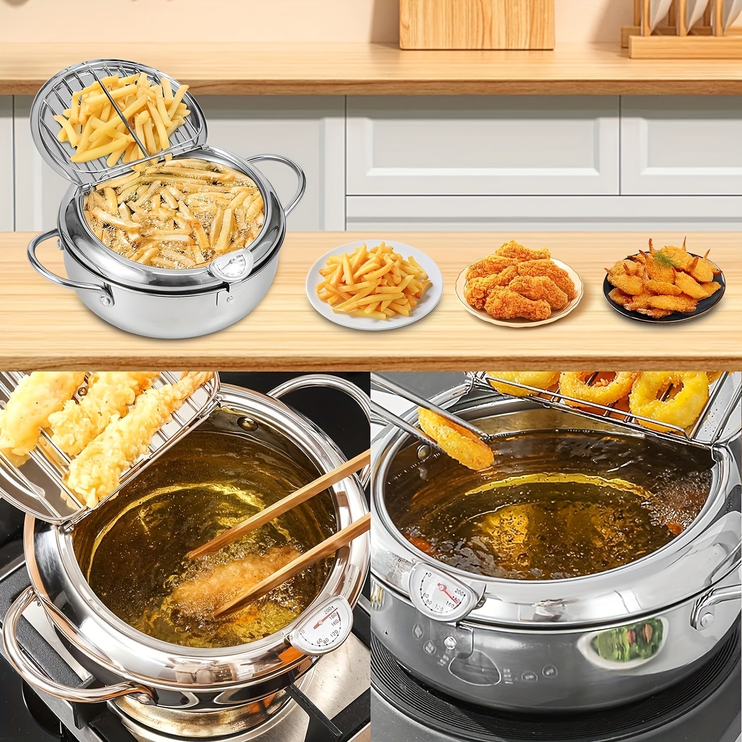 Stainless Steel Deep Fryer Pot 2.2L with Temperature Display for Gas and Induction