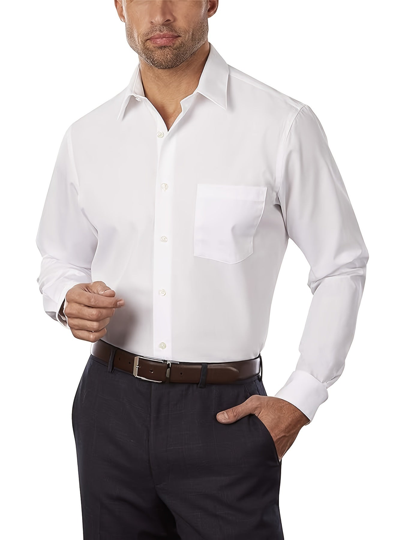 Men's Solid Color Long Sleeve Dress Shirt Cotton Polyester Regular Fit for Formal Wear