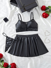 Women's Polyester Lingerie Set Solid Color Backless with PU Details Includes Bra Skirt Thong for Party