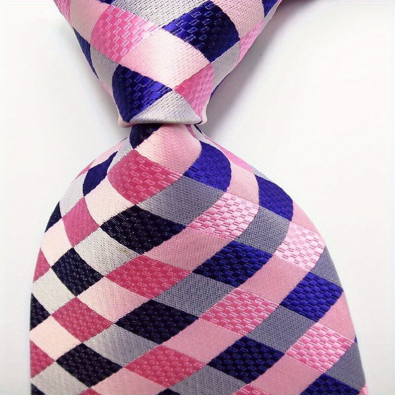 Men's Jacquard Woven Necktie Set Pink Yellow Black Plaid 8.99 cm