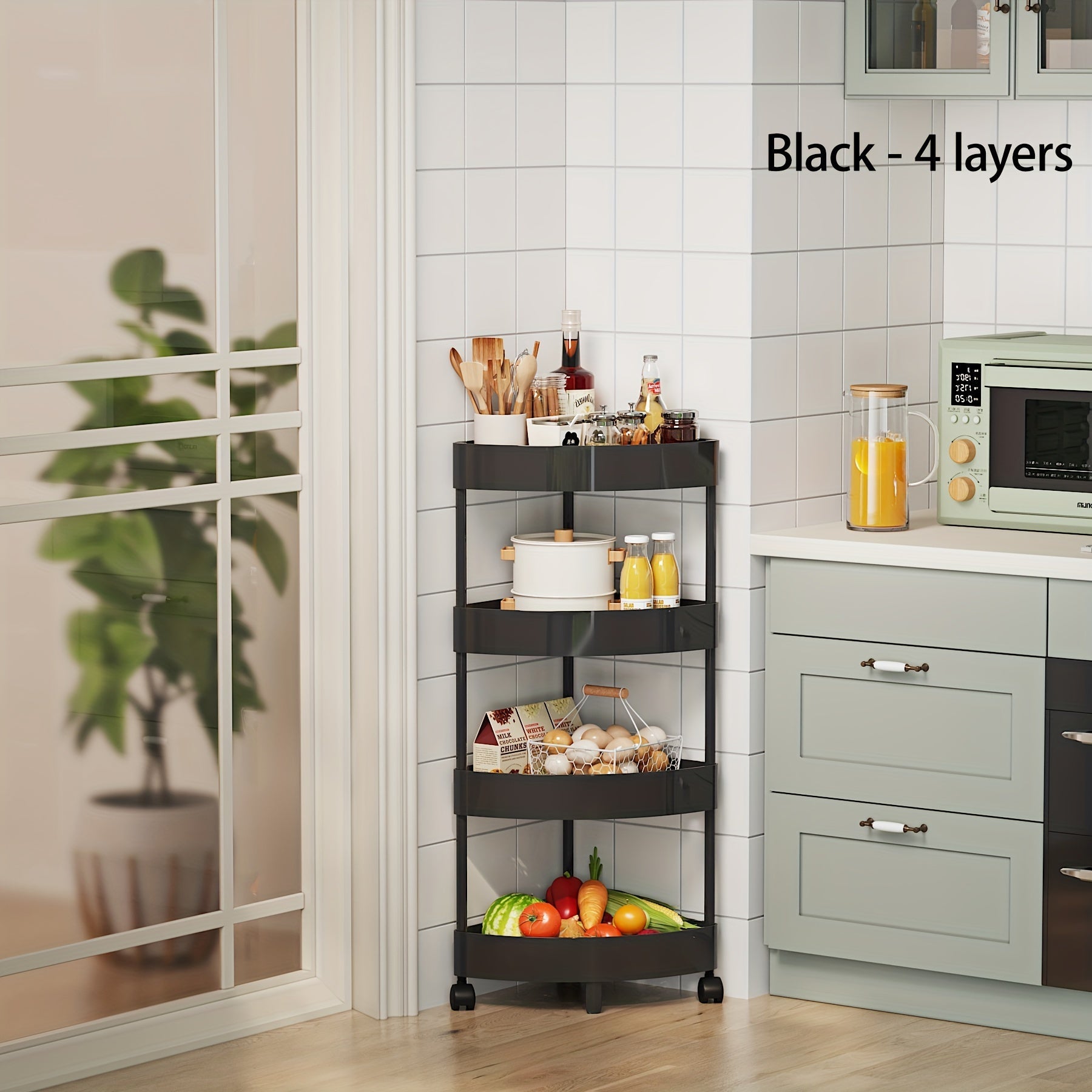 Multi-Tier Storage Rack on Wheels for Fruits Snacks and Beverages Black