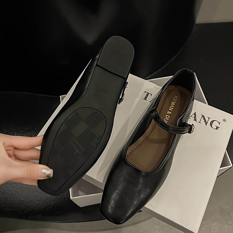 Women's Flat Shoes Square Toe Buckle Strap Lightweight Solid Color Elegant Mary-Jane