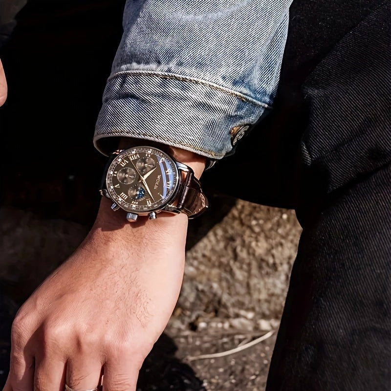 Men's Quartz Watch Faux Leather Strap Round Dial Business Wristwatch