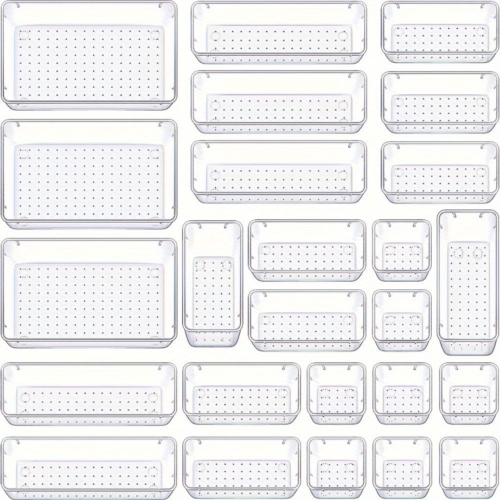 25-Piece Clear Plastic Storage Organizer Set in 4 Sizes for Cosmetics Office Supplies and Tableware