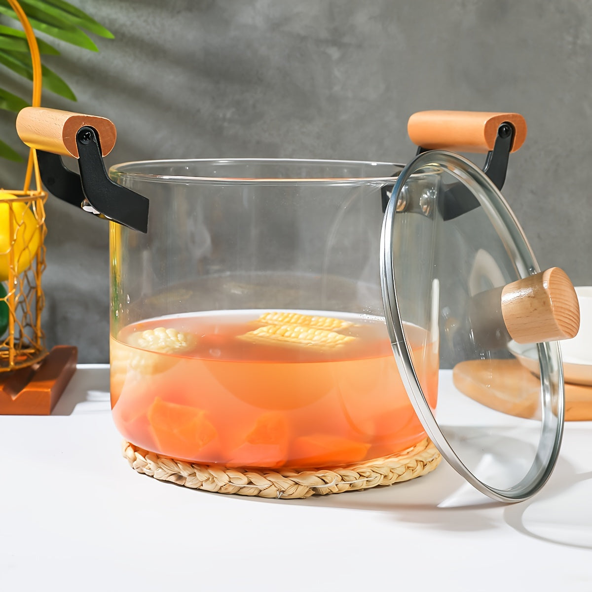 Glass Saucepan with Lid 4.5L Borosilicate Dual Wooden Handles for Soup and Noodles