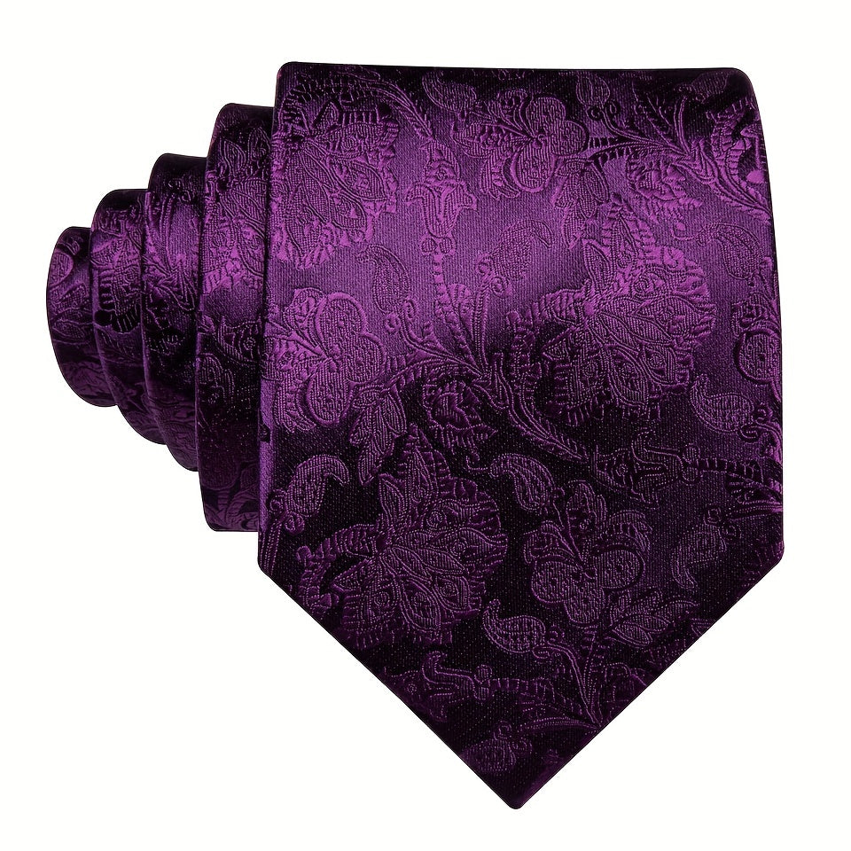 Men's Floral Woven Tie Set with Cufflinks and Handkerchief for Wedding or Formal Events