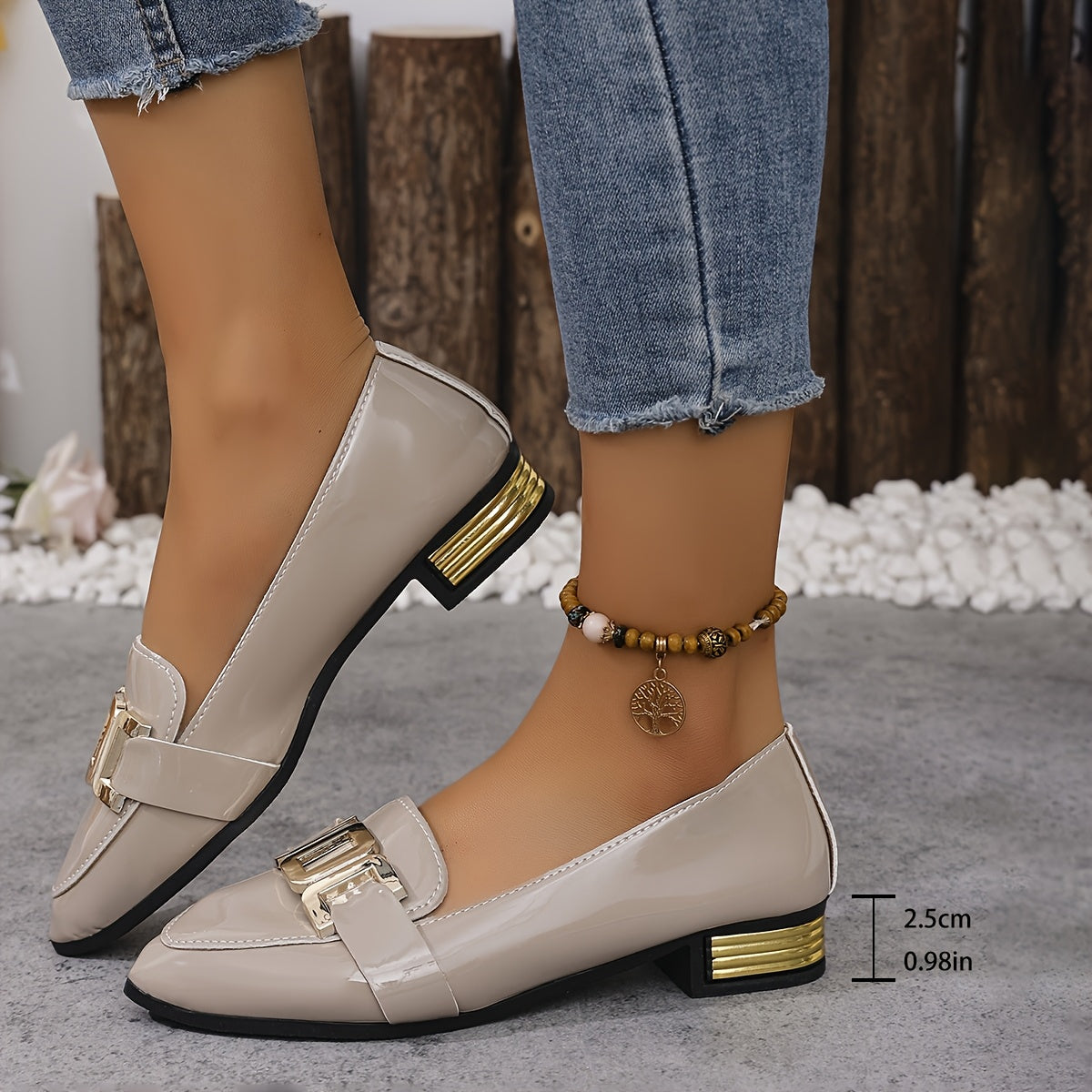 Women's White Pointed Toe Loafers with Metallic Buckle Synthetic Shoes