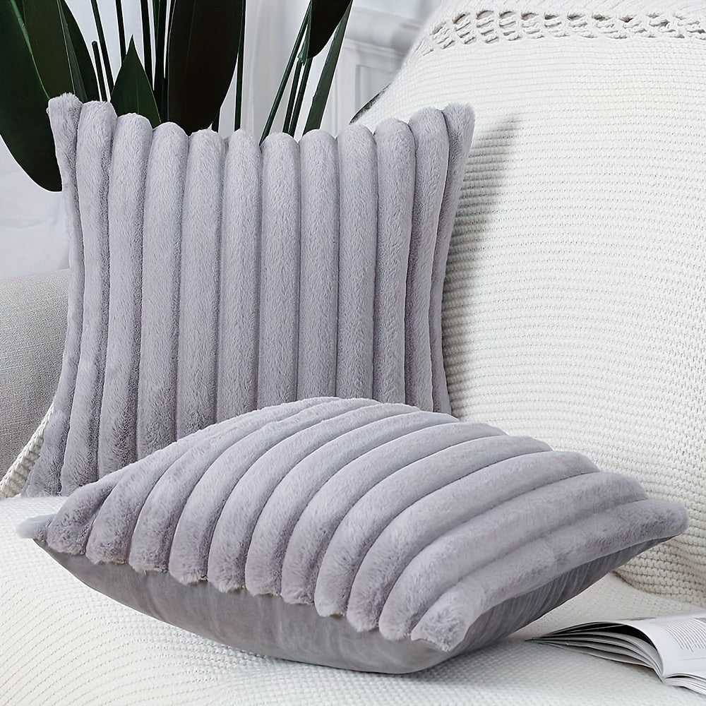 Set of 2 Striped Faux Fur Decorative Pillow Covers for Couch and Bedroom