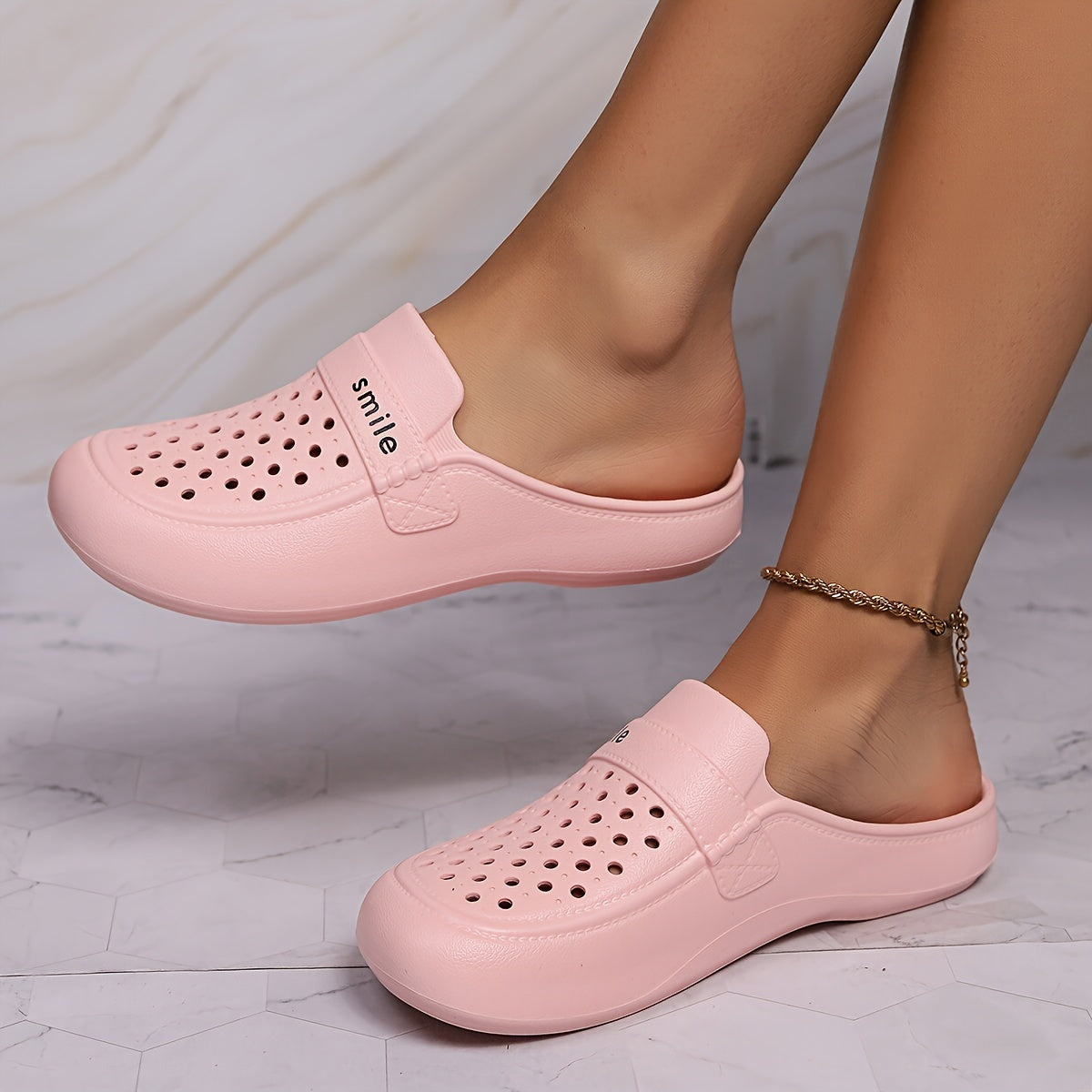 Women's Black EVA Mules with Smile Print Flat Casual Footwear