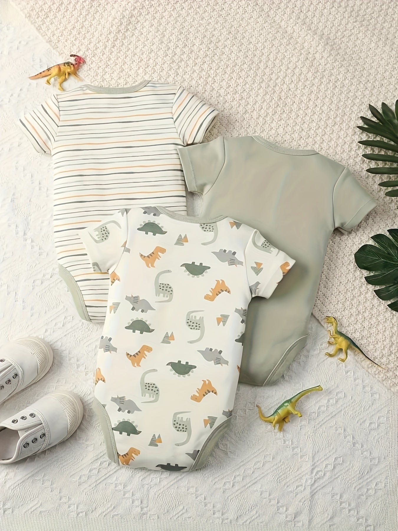 Baby Boys Dinosaur Stripe Pattern Short Sleeve Cotton Bodysuit Set