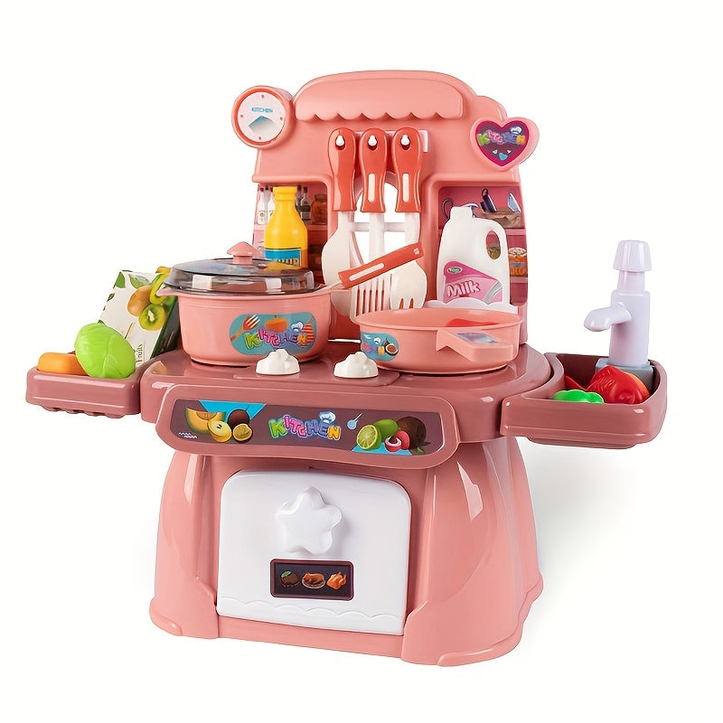 Play Kitchen Set for Kids 3+ Pink Blue Lights Sounds Stove Sink Faux Food