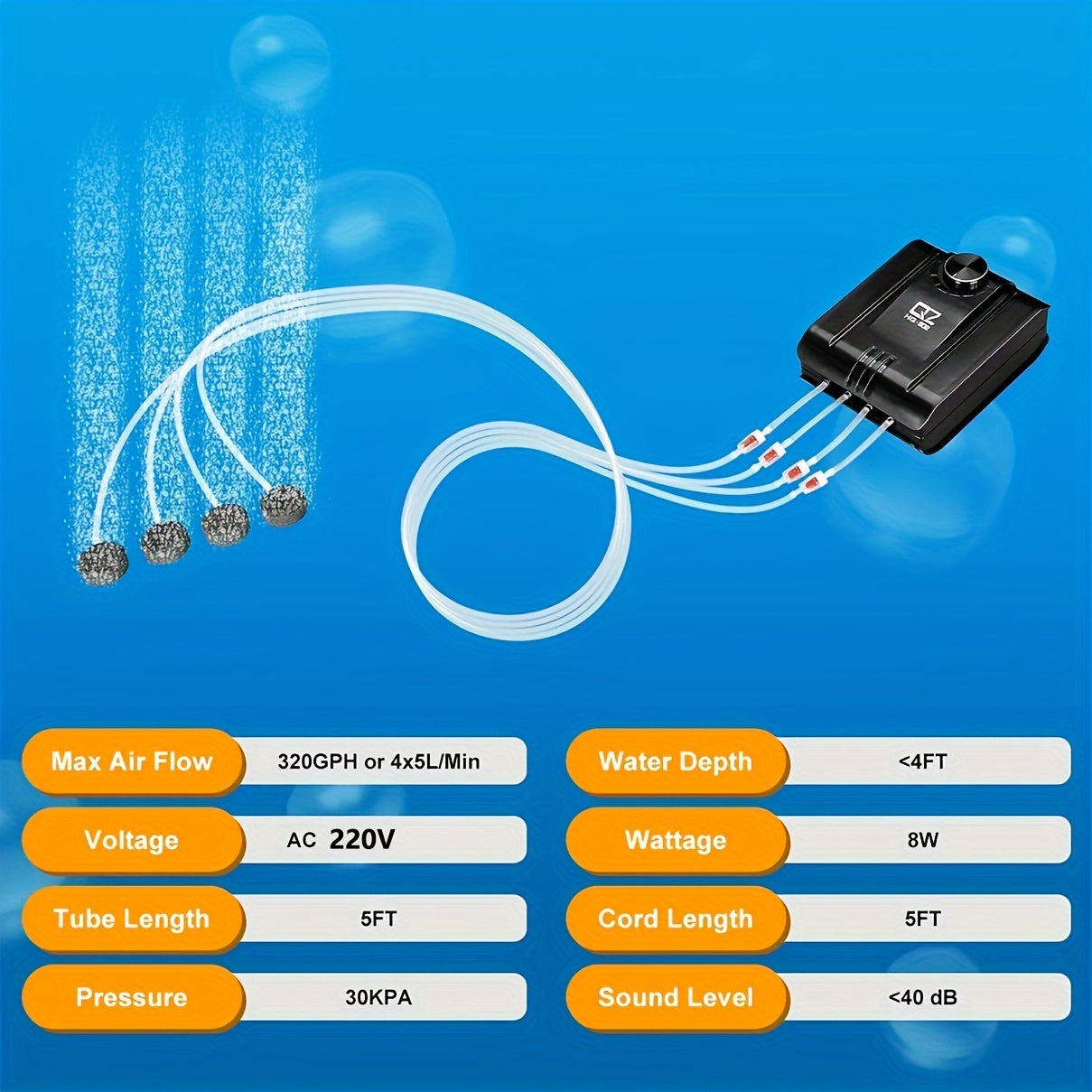 Quiet Fish Tank Air Pump 4 Outlets for Up to 400 Gallon Aquariums No Battery Needed