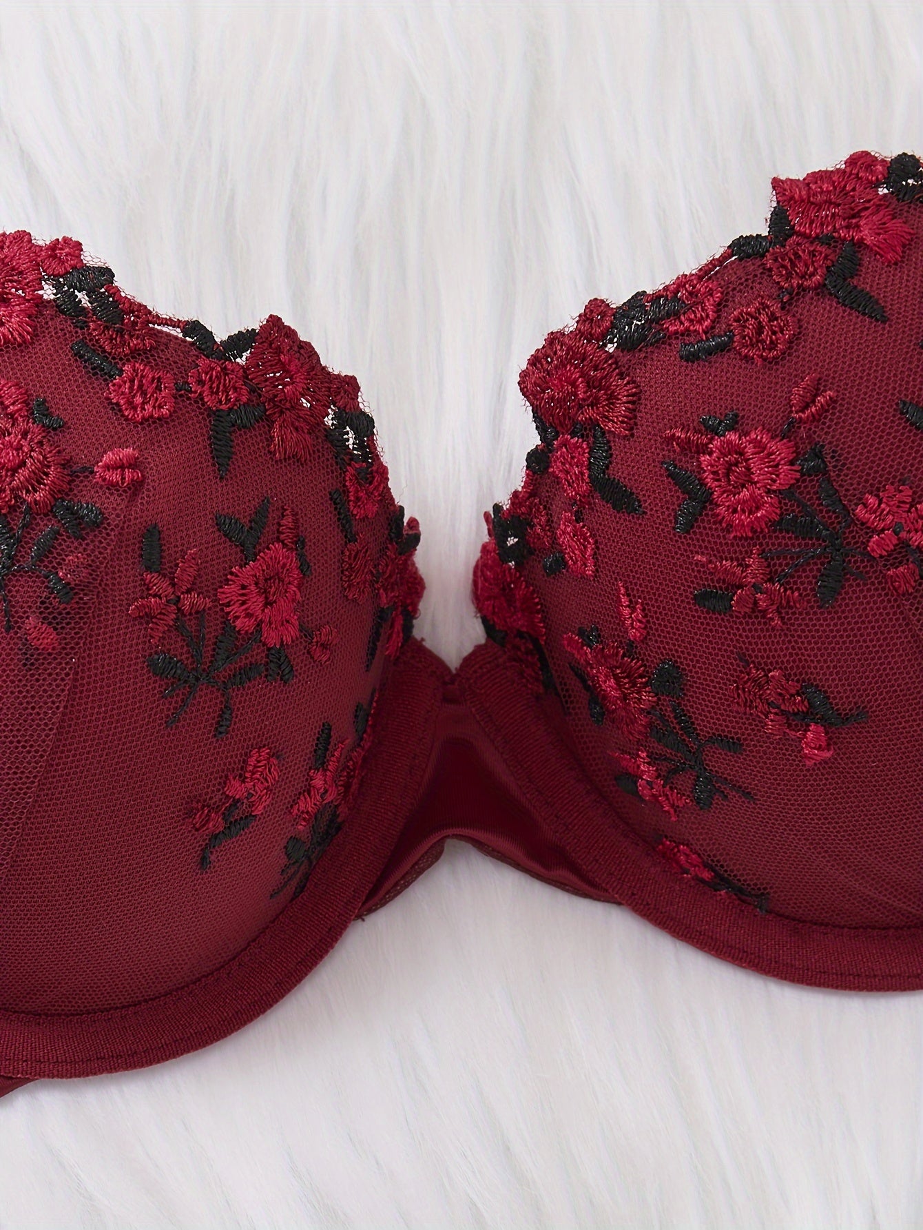 Women's Valentine's Day Lingerie Set with Floral Embroidery Push-Up Bra and Triangle Panties