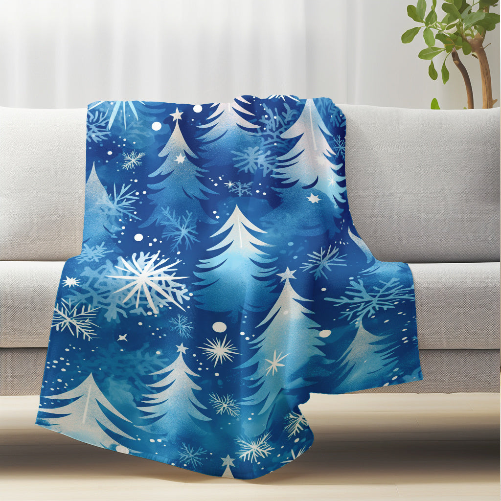 Blue Snowflake and Pine Tree Flannel Blanket Lightweight Plush Cozy for Winter