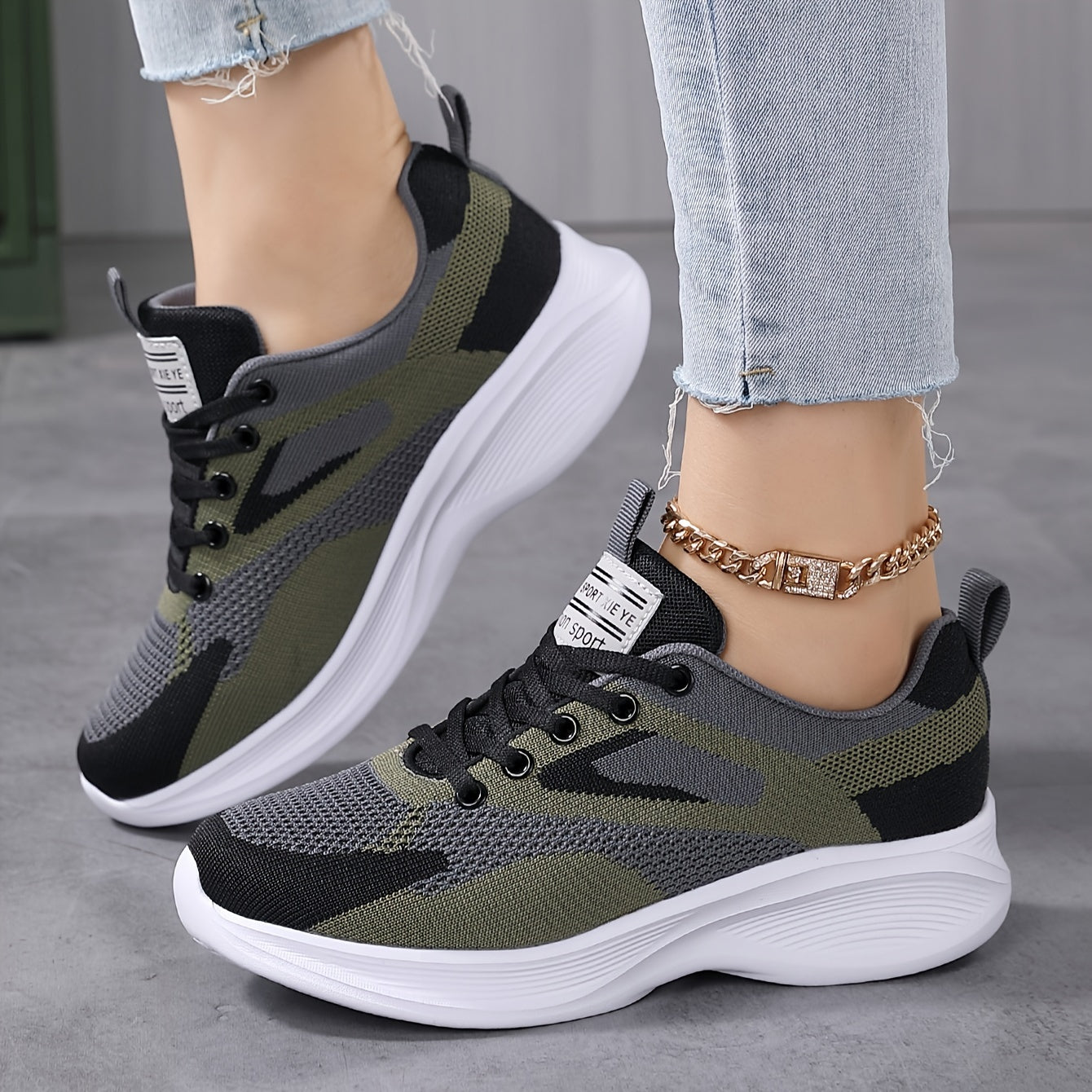 Zapatillas de running transpirables para mujer, deportivas bajas, color gris y verde, con amortiguación