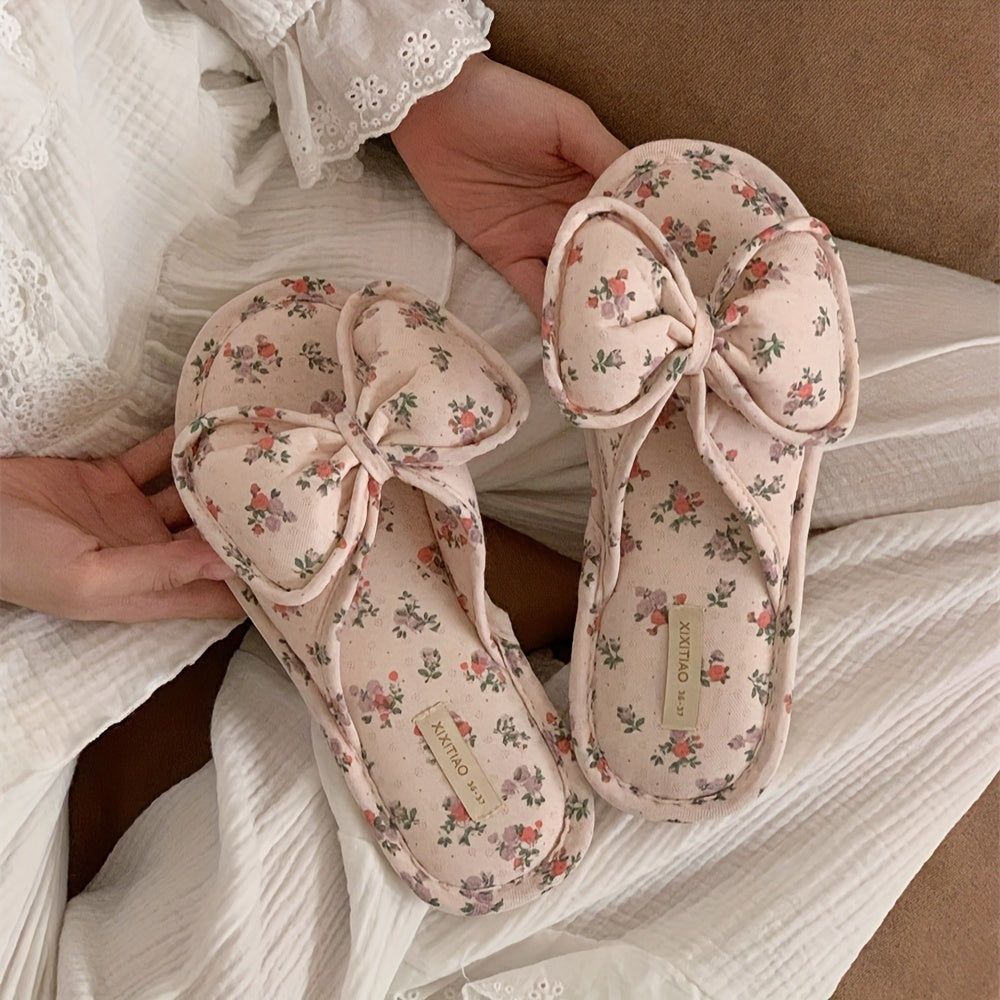 Women’s Floral Bow Slides Soft Fabric Flip Flops Non-Slip PVC Sole Indoor Outdoor