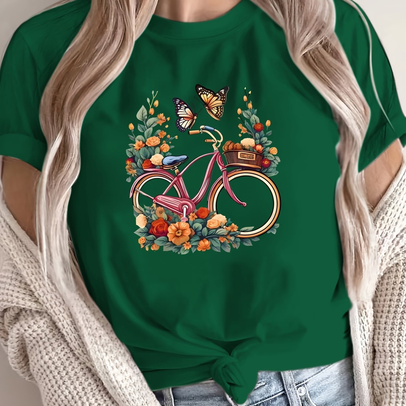 Women’s Floral Bicycle Print T-Shirt Casual Crew Neck Breathable Polyester Black