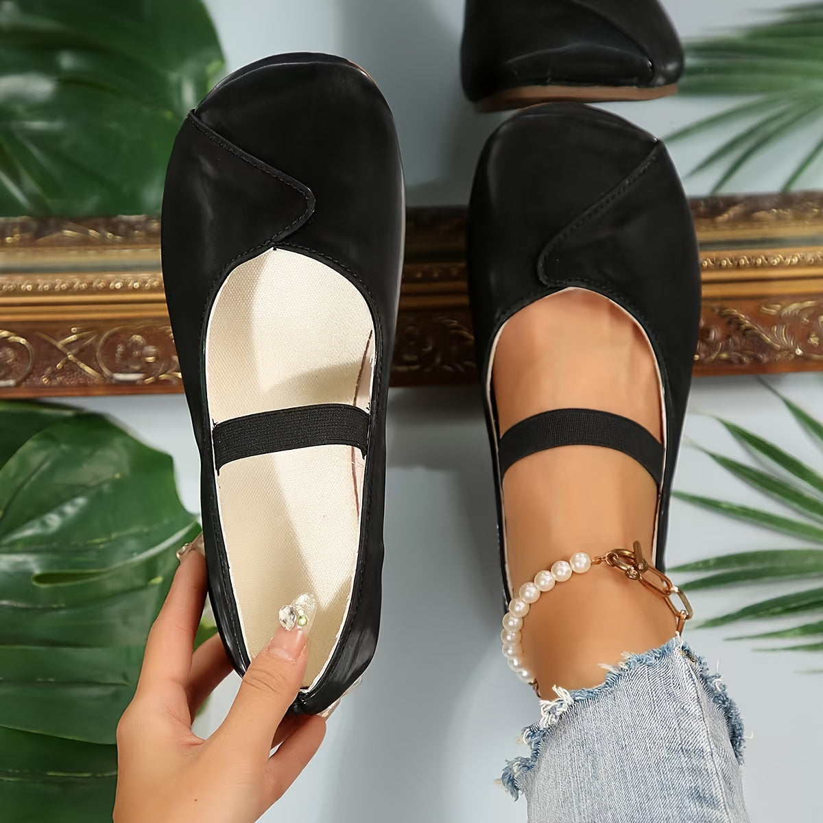 Zapatos planos negros tipo Mary Jane para mujer con suela de goma y punta redonda