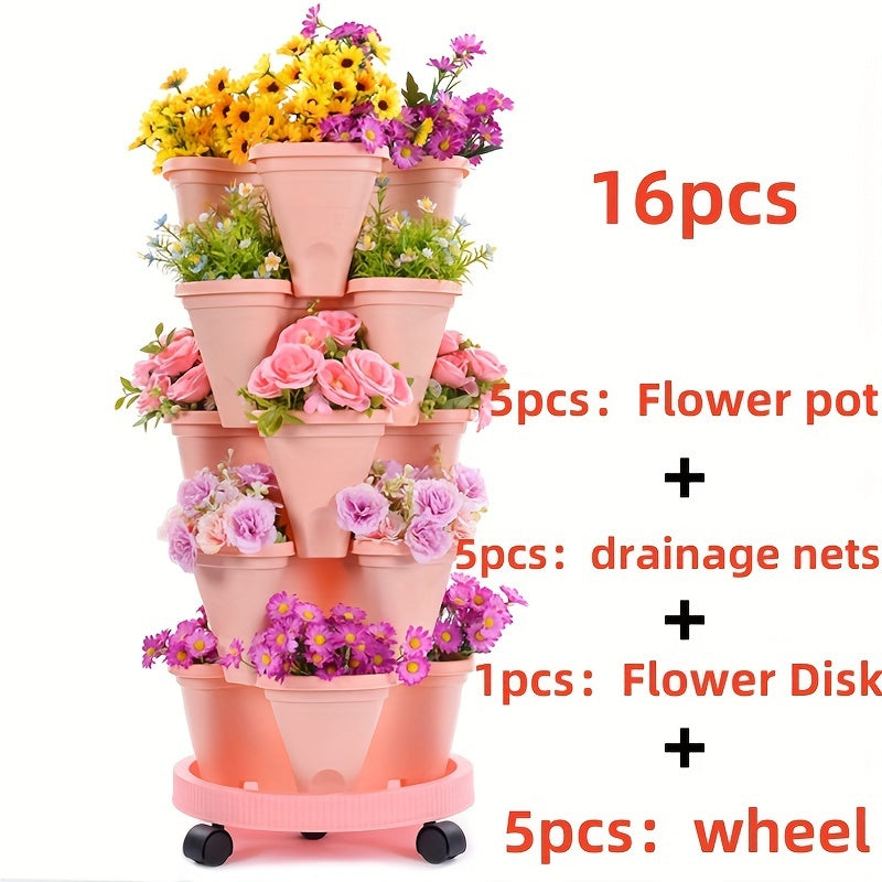 16pcs 5-Layer Stackable Flower Pots with Wheels and Tools for Indoor Outdoor Gardening