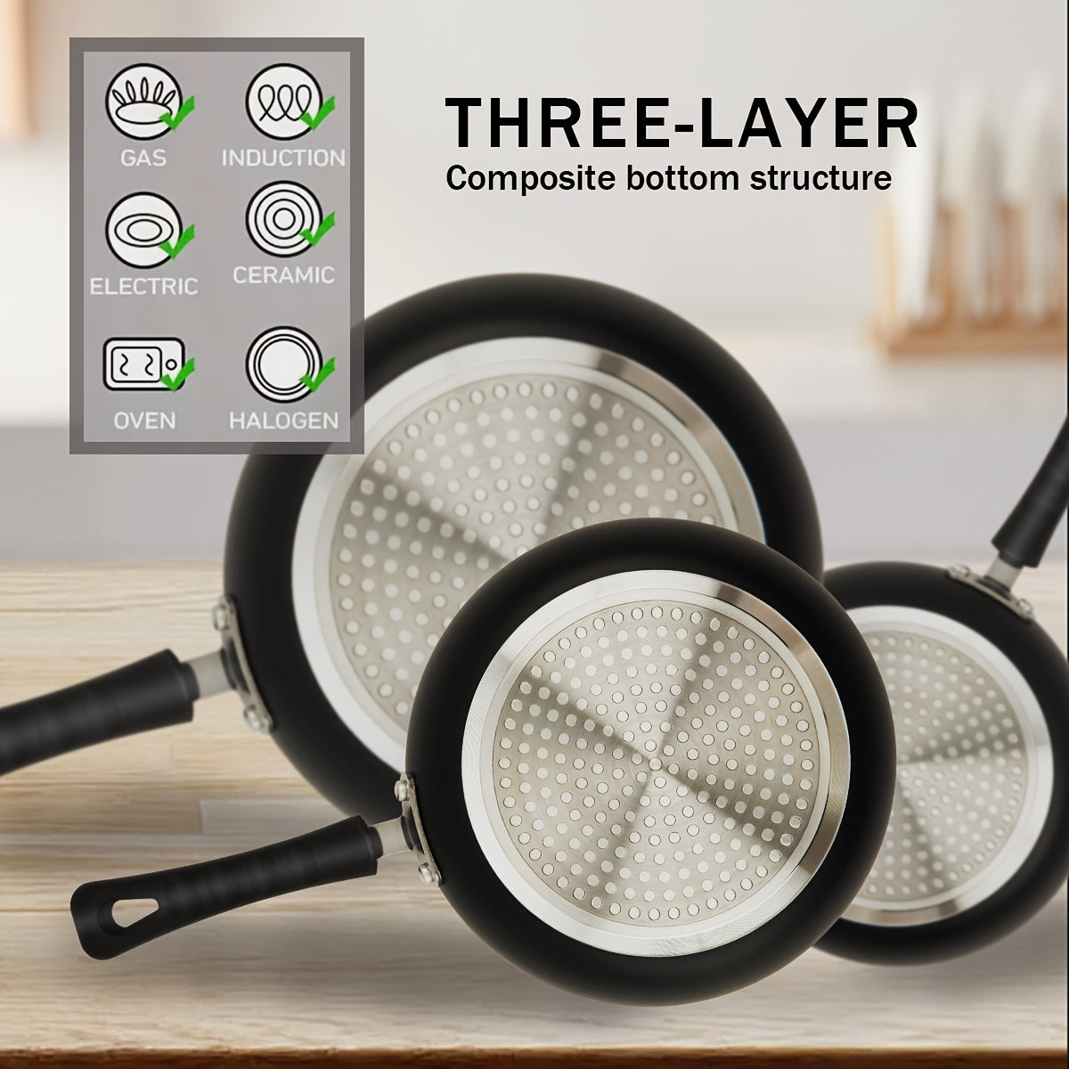 Set of 3 Nonstick Ceramic Frying Pans Induction Cookware 20cm 24cm 28cm