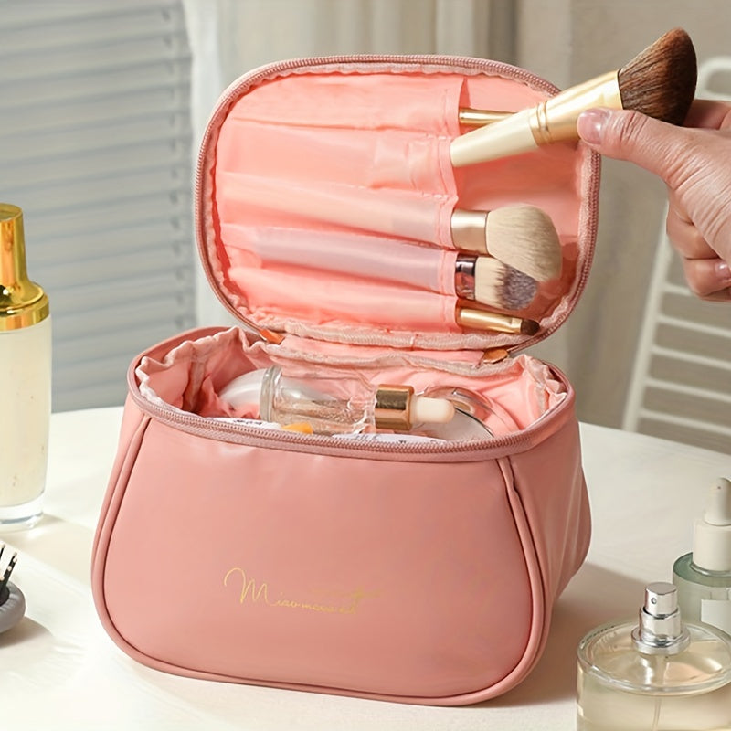 Waterproof Brown PU Travel Toiletry Bag with Large Capacity and Zipper Closure