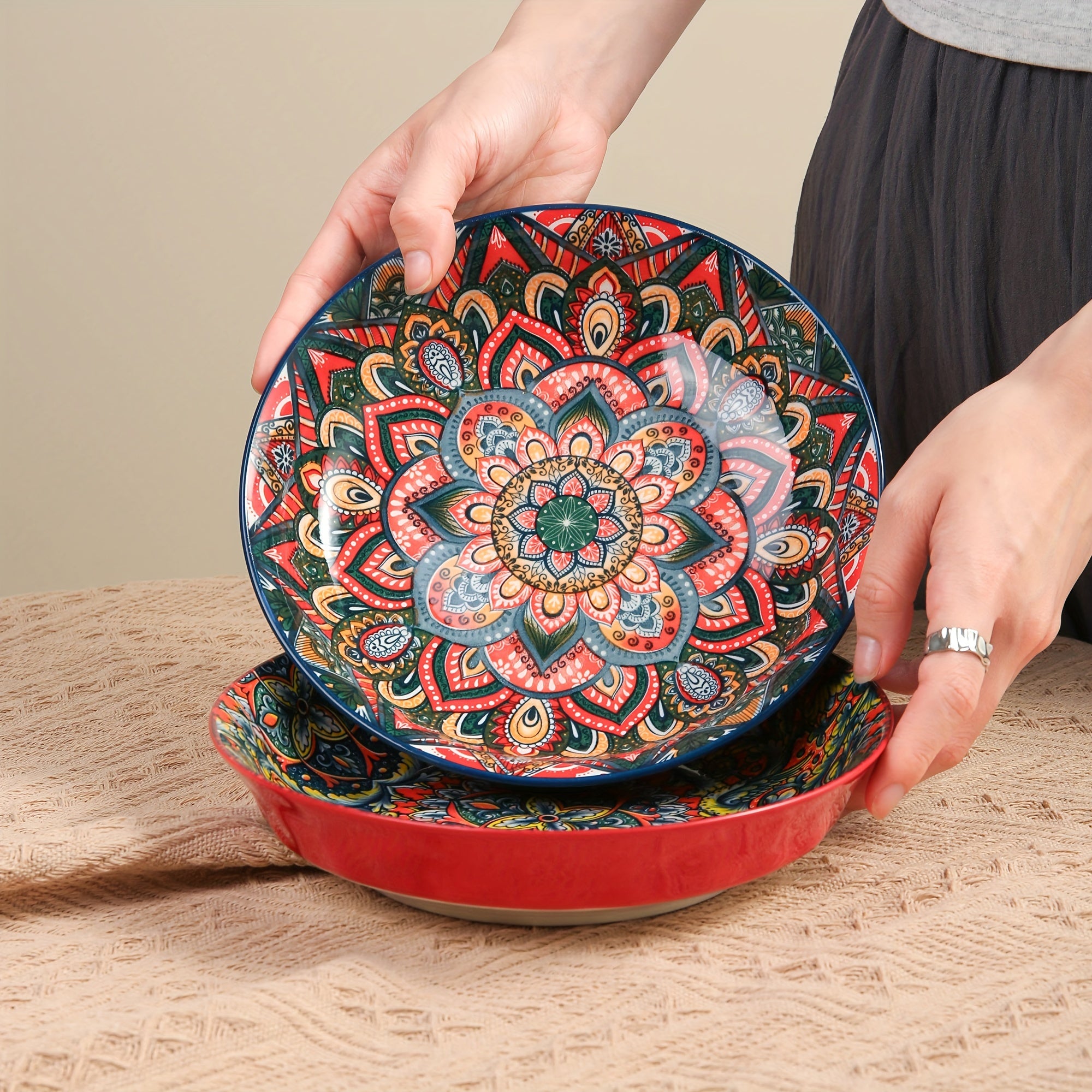 8-Inch Bohemian Ceramic Dinner Plate Microwave Safe for Home and Restaurant Use