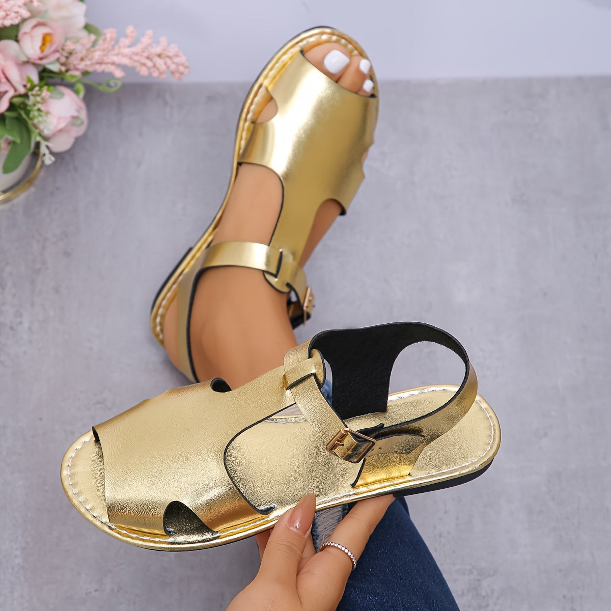 Women's Red Faux Leather Peep-Toe Flat Sandals for Summer Casual