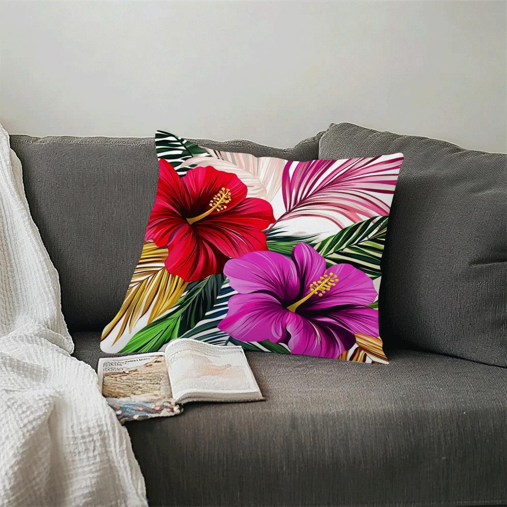 Hibiscus and Palm Print Pillowcase 45cm Polyester Zippered All-Season Cushion Cover