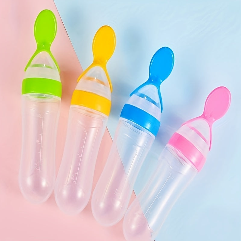 Bolsita de silicona para comida infantil con cuchara exprimible, acentos en amarillo y azul
