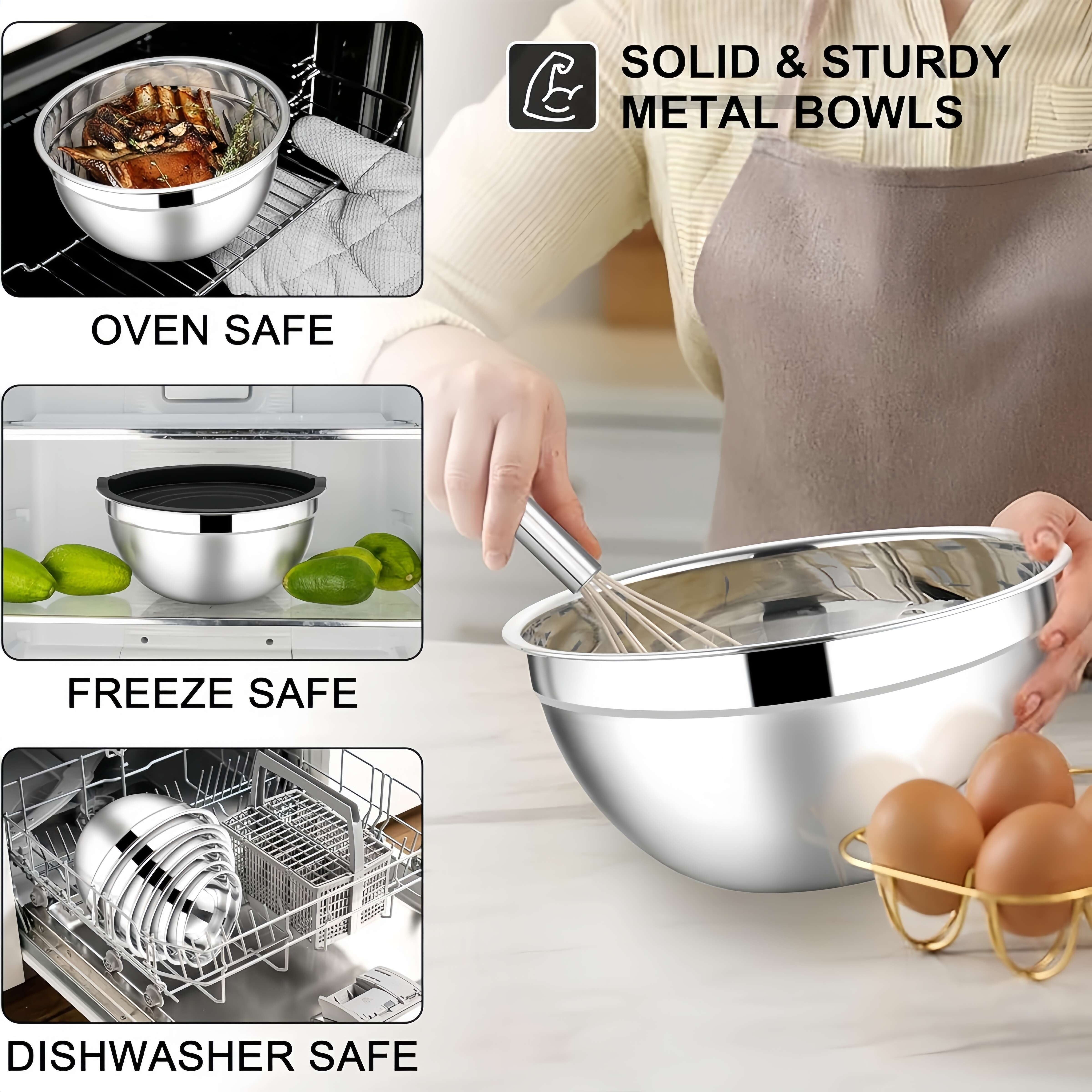 15-Piece Stainless Steel Mixing Bowls Set with Black Seal Covers and Grater Accessories