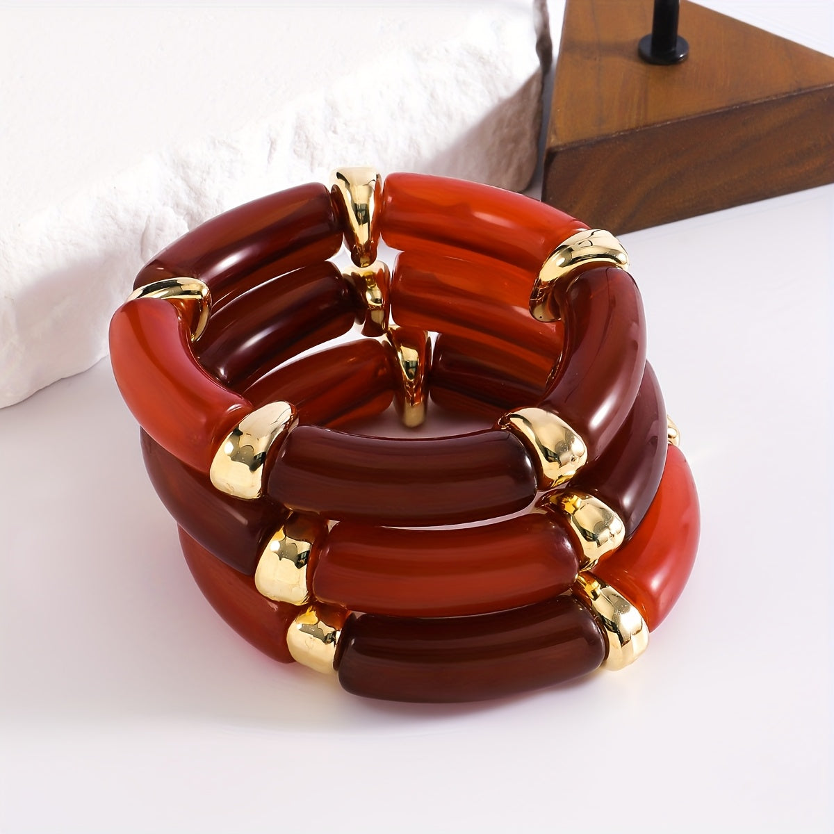 3 ta Vintage va Boho Chic Akril Bambuk Bilaguzuklar to'plami - Har kuni kiyish uchun zamonaviy to'plam bilaguzuklar, Ayollar uchun ideal sovg'a, Cho'ziluvchan, O'ziga xos, Trendy dizayn