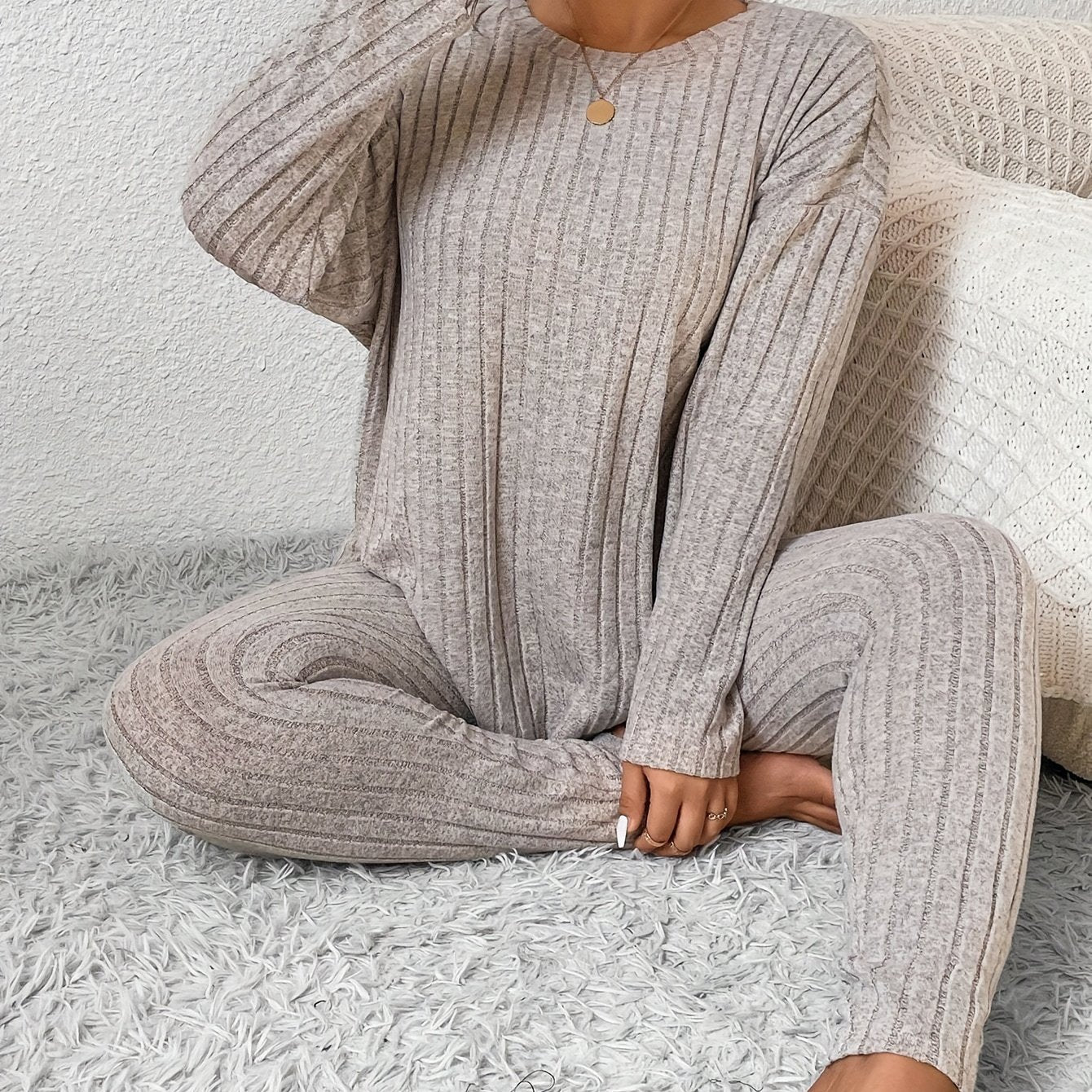 Women Long Sleeve Pajama Set Large Size Warm Slim Fit