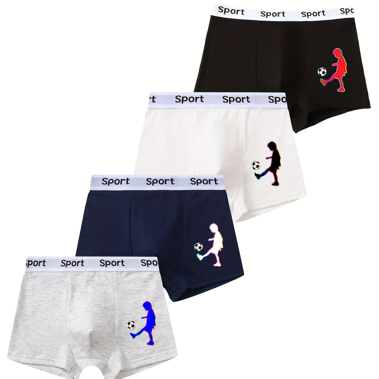 Boys Cotton Boxer Briefs 4-Pack with Football Print Breathable Sweat-Wicking Comfortable Fit