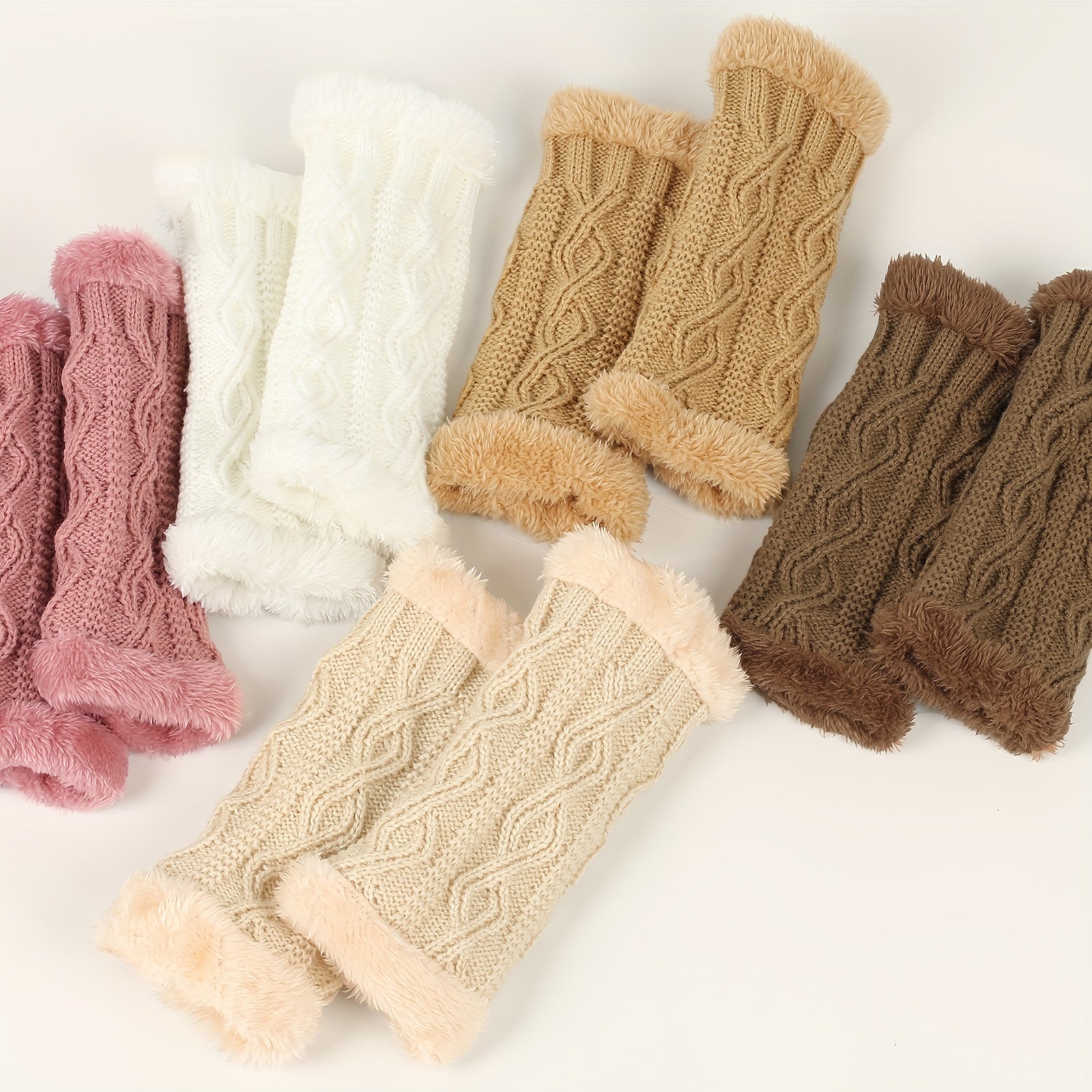 Solid Color Twist Knit Fingerless Gloves with Velvet Lining for Winter Warmth