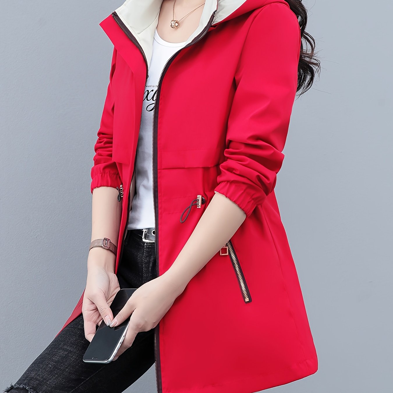 Women's Polyester Long Sleeve Hooded Windbreaker Jacket with Drawstring Waist for Spring and Fall