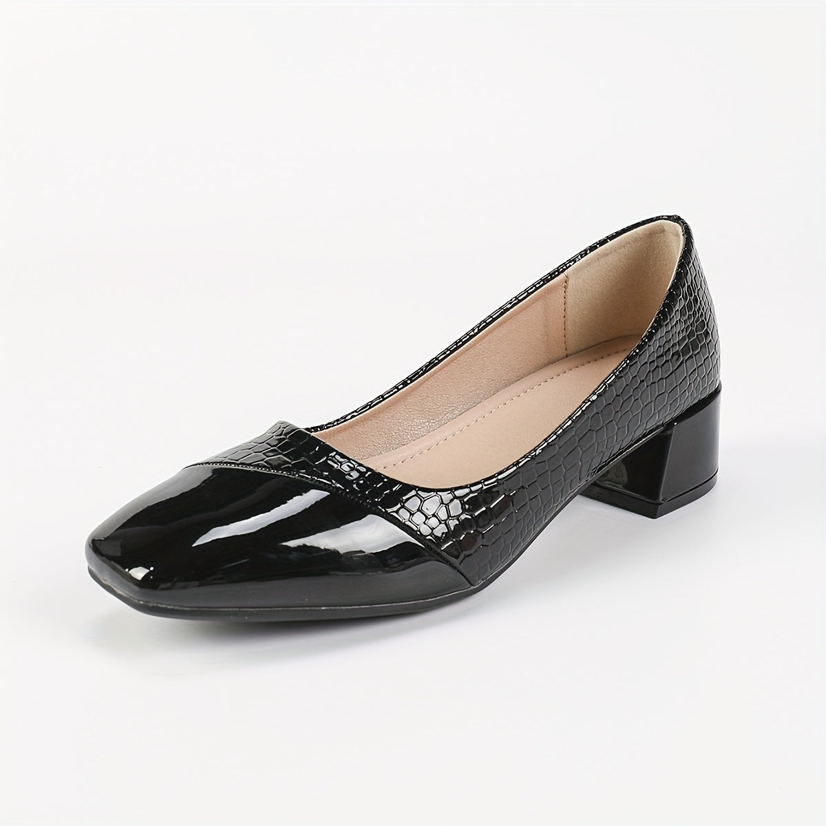 Ayollar uchun qora yaltiroq Mary Jane poyabzali, qalin o'rta balandlikdagi poyabzal va kvadrat barmoqli