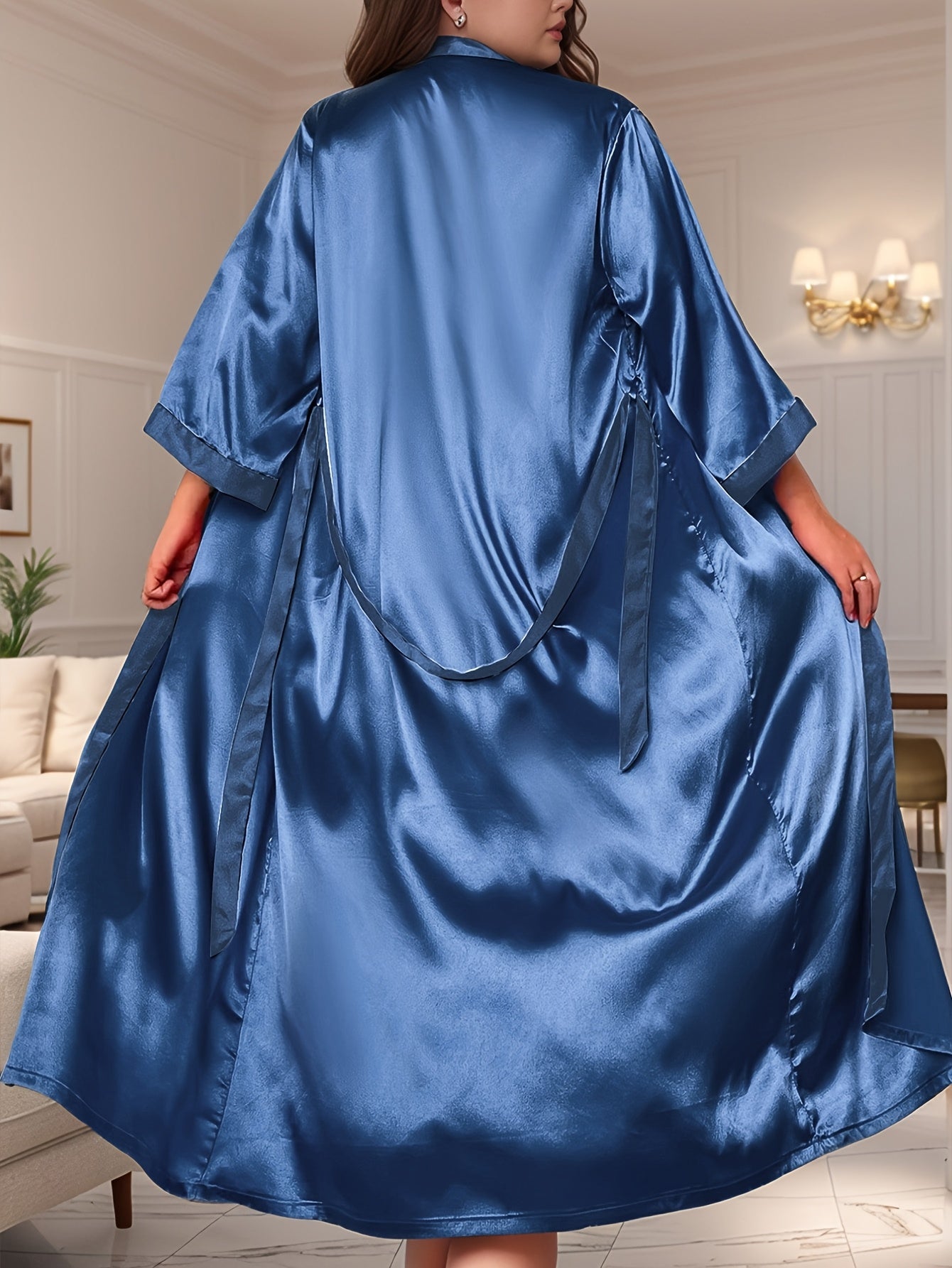 Plus Size Women Satin Robe Long Sleeve Belted Solid Black Lounge Wear