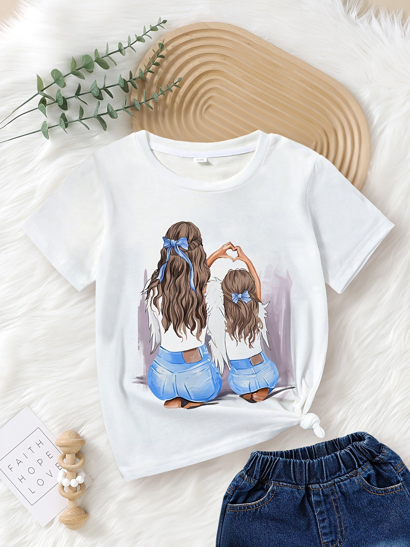 Girls' Summer Cartoon Portrait Knit T-Shirt with Crew Neck and Short Sleeves