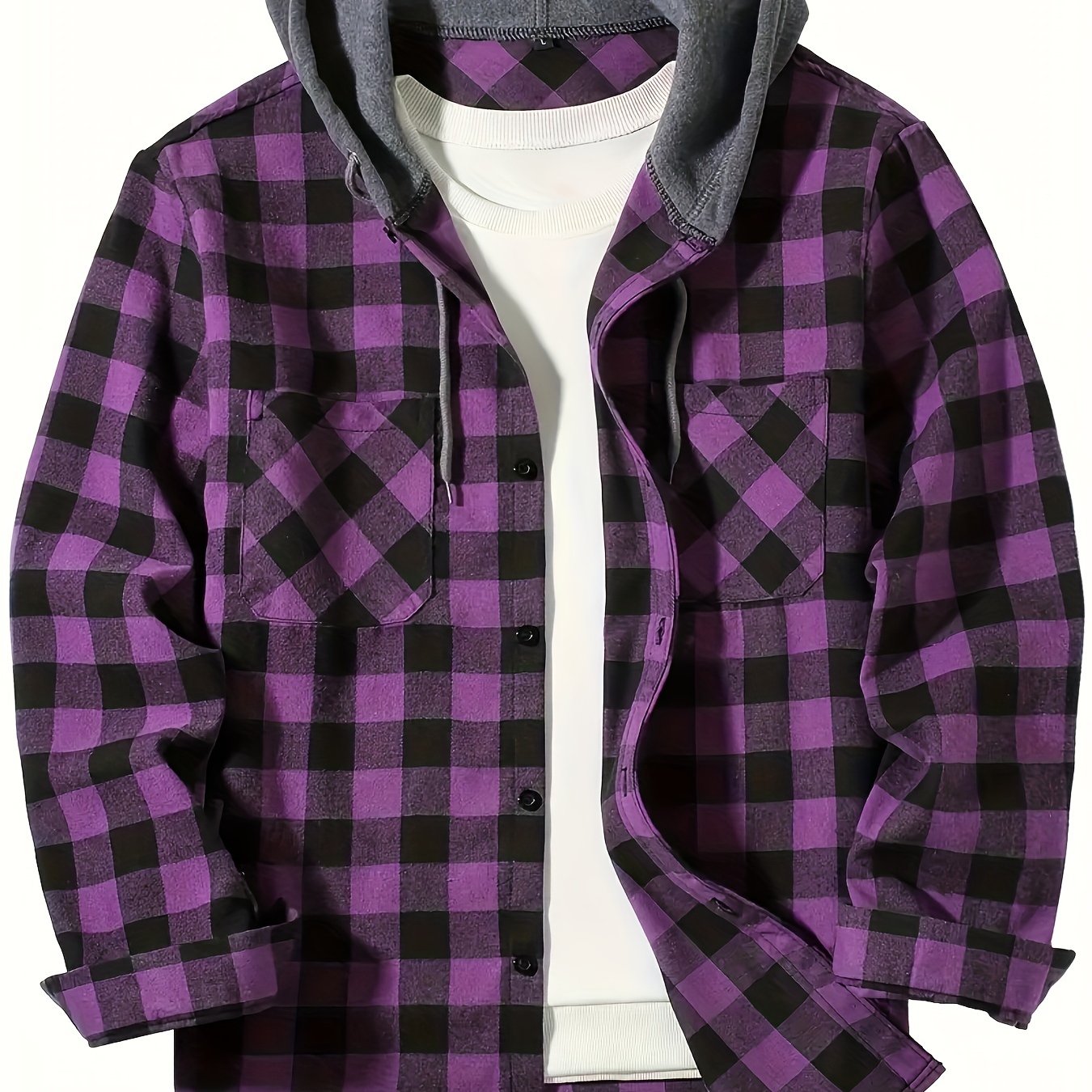 Men's Plus Size Plaid Hooded Shirt Long Sleeve Casual Loose Fit Spring Fall