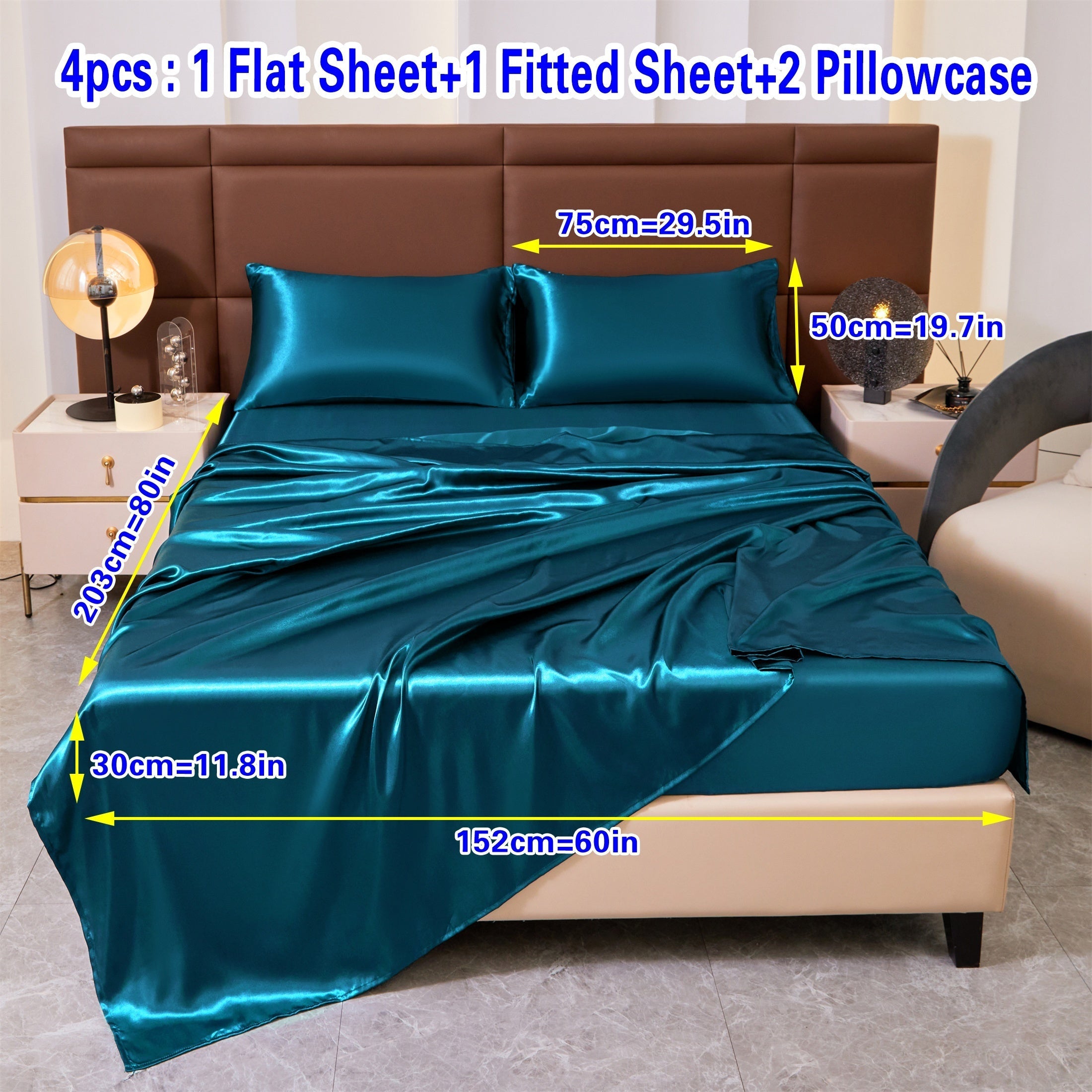 Set of Four Colored Bed Skirt, Sheet, and Pillowcase Bedding Set
