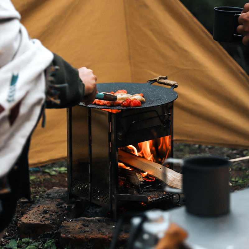 Sayohat uchun portativ zanglamaydigan po'latdan yasalgan barbekyu grill, kichik pech va griddle bilan